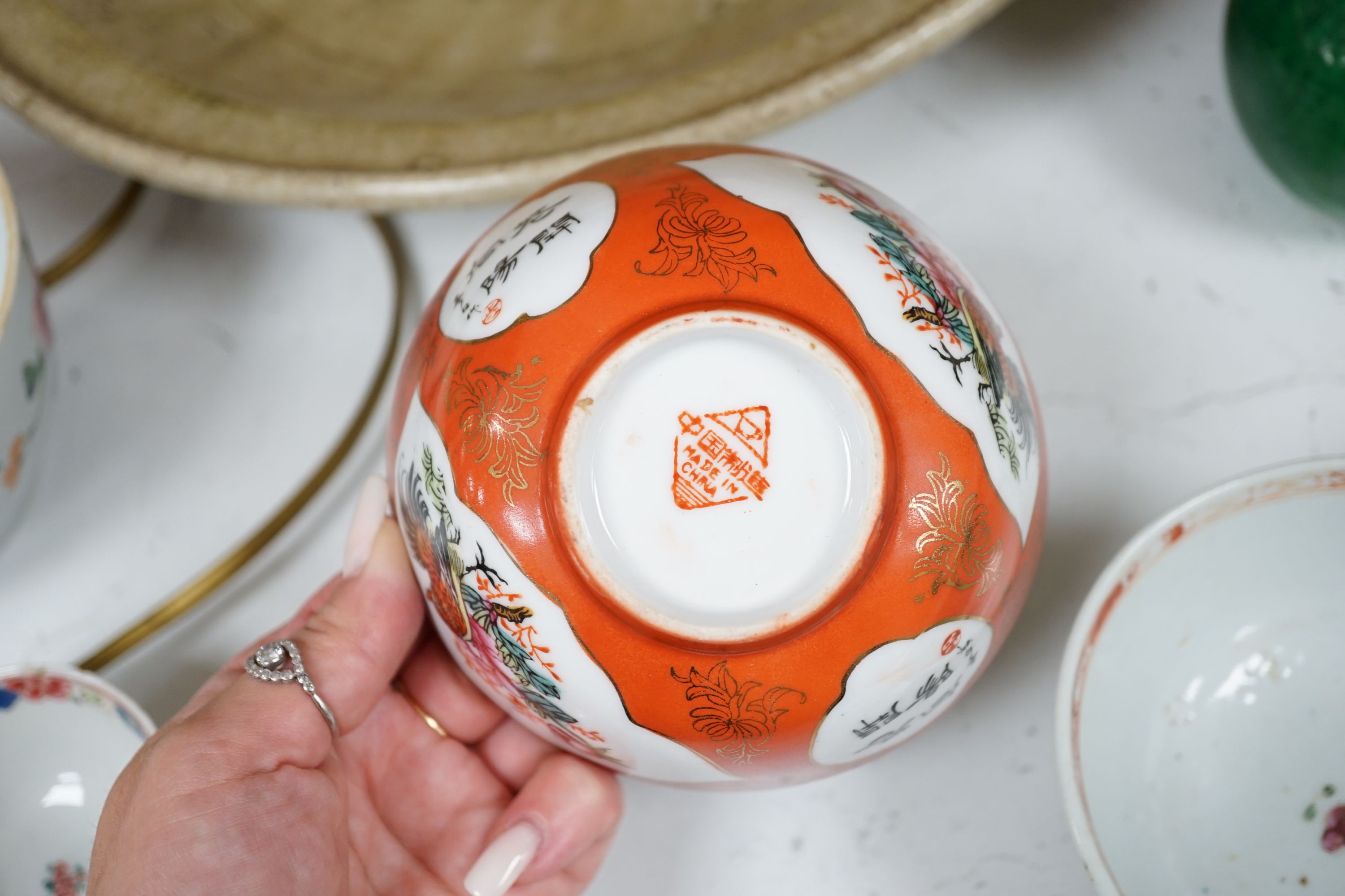 A Thai Sawankhalok celadon dish, 35cm, four rice and tea bowls and a double gourd vase